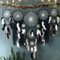 Large black and white feather dream catcher wall hanging, bohemian home room decor. - Black