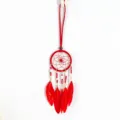 Vue détaillée d'un collier attrape-rêves rouge de style ethnique avec plumes et perles - Rouge