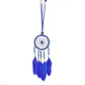 Close-up of blue dreamcatcher necklace featuring vivid feathers and delicate beadwork. - Sapphire Blue
