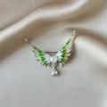 Elegant angel wings brooch with green enamel pearl and crystal pendant for women suit coat - Green Angel Wings