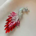Elegant fashion peacock brooch pin with vibrant red and pink marquise crystals - Pink Peacock
