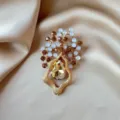Luxurious gold brooch with amber teardrop crystal and blue decorative beads on champagne satin folds - Berry Flower Cluster Style (842) / Gold/Amber