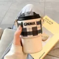 Portable 316 stainless steel insulated coffee tumbler with checkered sleeve and carrying strap - 350ml / Black
