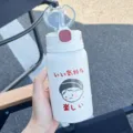 Kawaii white insulated water bottle with straw and cute Japanese character design - Vigorous Milk Tea Style / 350ml / Red