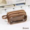 Astuccio per matite color caffè multistrato ad alta capacità con finestra trasparente - Marrone