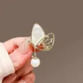 Vintage gold butterfly brooch with mother of pearl and hanging pearl elegant coat accessory - White Pearl Butterfly / Gold