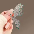 Elegant rhinestone butterfly brooch hairpin with sparkling green and clear crystal stones. - Half Butterfly / Silver