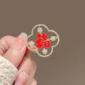 Red Fu character rhinestone brooch clover pin fashion vintage winter clothes coat accessory - Fu Character Red / Red