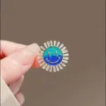 Blue green gradient rhinestone smiley sun flower brooch fashion clothes pin jewelry - Smiling Flower / Teal