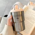Tasse à café isotherme en acier inoxydable avec paille, gobelet portable mignon pour femmes. - 350ml Gobelet Avec Brosse / Couleur Acier