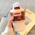 Portable cream 316 stainless steel insulated coffee cup with plaid sleeve and shoulder strap - 350ml / Red