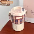 Tasse isotherme portable en acier blanc crème avec paille, housse à carreaux et sangle - Couvercle Café Plaid / 350ml / Marron