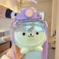 Schattige cartoon beer waterfles met riem, grote capaciteit plastic rietje beker. - 1000 ml dubbele drinkbeker beer, paars
