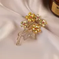 Elegant French vintage crystal flower brooch with shimmering rhinestones for women coat dress. - Bouquet / Yellow