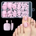 Full set of 120 nude pink press-on toenails in a clear organizer box for easy application. - 120Pcs Solid Glossy Light Pink