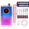 Detailed display of 45000RPM portable nail drill kit including accessories and cable - 602 Gradient Blue Red Nail Drill / Gradient Blue Red