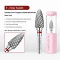 Fine tooth teardrop cone tungsten carbide nail drill bit details with pink storage box - Tungsten Nail Drill Bit 06 (Fine Point)
