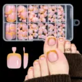 Detail view showing nude pink French style press-on toenails with vibrant yellow tips. - 120Pcs French Glossy Yellow Tip Nude Pink