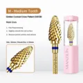 Close-up of golden conical tungsten steel nail drill bit with its pink protective case - Tungsten Nail Drill Bit 16 (Gold Medium Cross)