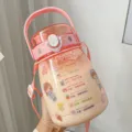 Bonita botella de agua de plástico degradado con dibujos animados, pajita y marcador 1L - Taza de barriga / 1000ml / Rosa