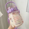 Botella de agua bonita con pajita y correa gran capacidad de plastico para uso diario - Taza de barriga / 1000ml / Púrpura