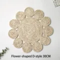 Detailed view of bohemian hand-woven flower-shaped straw wall hanging decor - Flower Pad Style D / 30cm