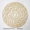 Close-up macro view of a bohemian round woven beige straw wall hanging home decoration - Random Weave Beige / 38 cm