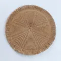 Round woven placemat with fringe, paper straw table mat for dining room kitchen decor. - 38 cm / Brown