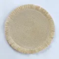 Round woven placemat with fringe edge, natural paper straw material for dining table decor. - 38 cm / Beige
