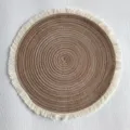 Round woven placemat with white fringe boho cotton table mat heat resistant dining decor - With Tassel 38cm / Dark Coffee