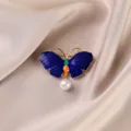 Blue enamel butterfly brooch with pearl pendant, elegant insect fashion coat accessory pin. - Pearl Blue Butterfly / Blue