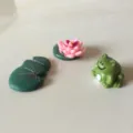 Miniature resin landscape figurines set featuring a cute frog, lotus, and lily pads - Frog Set