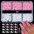 Close-up of mixed 5-petal resin flower nail charms in a clear 6-grid organizer box. - 6-Grid Mixed Flower Style 01
