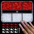 Detailed view of red and white 5-petal resin nail art charms in a 6-grid organizer box - 6-Grid Mixed Flower Style 02