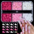 Detailed macro view showing assorted 3D resin flower nail charms and professional manicure - 6-Grid Mixed Flower Style 03