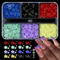 Detailed view of colorful 5-petal resin flower nail charms in a 6-grid storage box. - 6-Grid Mixed Flower Style 05