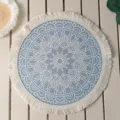 Macro view of bohemian blue mandala printed placemat featuring delicate white cotton fringes - Pattern 14