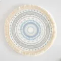 Round bohemian cotton woven placemat with blue geometric prints and cream fringe - 16cm / Pattern 8