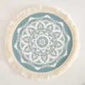Blue bohemian round placemat with white mandala print and decorative cotton fringe border - Pattern 10