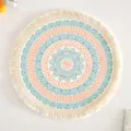Bohemian round cotton placemat with coral and blue printed patterns and tassels - Pattern 5