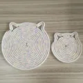 Macro view of handmade cat ear cotton rope mats with vibrant zig-zag stitching - 30cm / White