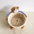 Cute corn husk woven storage basket with plush teddy bear decoration for sundries and home decor - S / Blue Bear