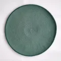 Round woven placemat texture detail view with cute pom-pom edge for dining table decor. - 38 cm / Dark Green