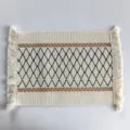 Woven cotton-linen blend placemat featuring black diamond pattern and white fringes - Black Rhombus Texture (Pattern 1) / 30x50cm / Off White