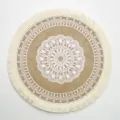 Bohemian round natural jute placemat with white mandala print and fringe border - Tassel Style 2 / 38 cm