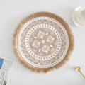 Nordic woven round jute placemat with white mandala print and bohemian fringe edge - Tassel Style 3 / 38 cm