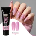 Detail of rose pink shimmer nail gel showing glossy and frosted finishes on acrylic nails. - B07 Rose Pink Shimmer / 15g Pack