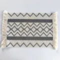 Bohemian style rectangular woven cotton linen placemat with gray geometric pattern and fringe. - Grey Wave Rhombus (Pattern 4) / 30x50cm / Off White