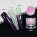 Pink aurora chrome nail powder showing effects on black, white, and transparent bases - Dopamine Aurora Powder 06 (TN06)