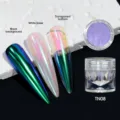 Detailed view of iridescent aurora nail powder effects on black, white and clear bases - Dopamine Aurora Powder 08 (TN08)
